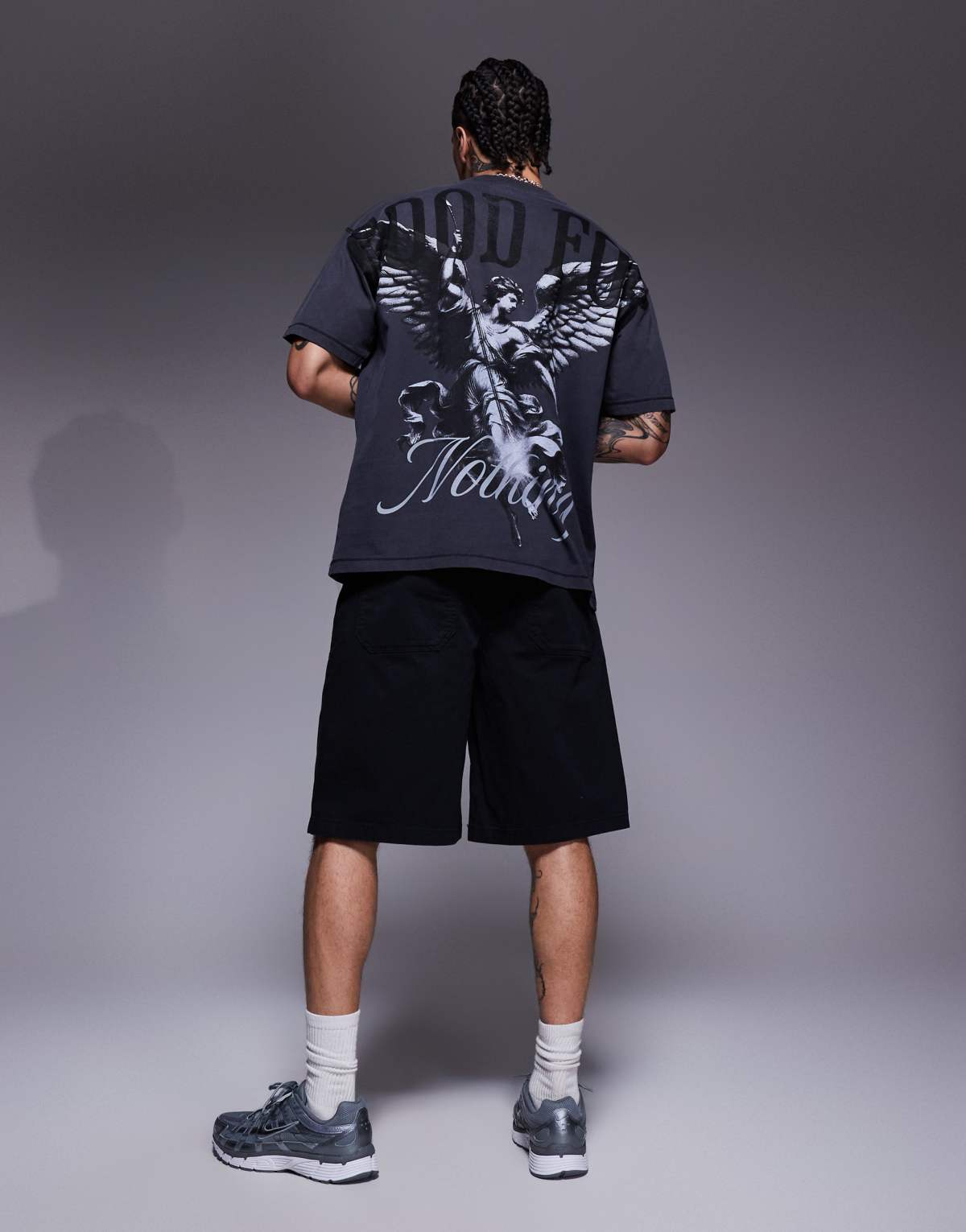 Good For Nothing t-shirt in overdye spray with renaissance back print in black wash