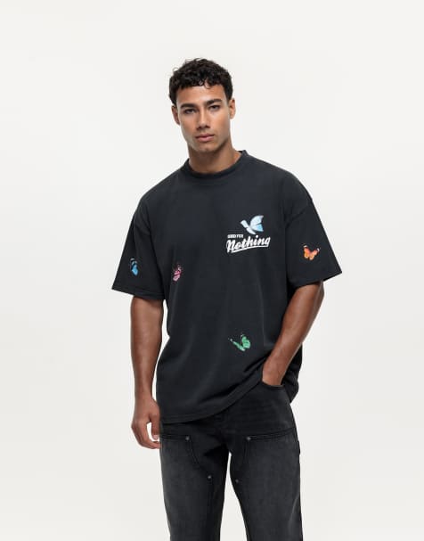 Good For Nothing - T-shirt nero slavato con stampa di farfalle - view 1