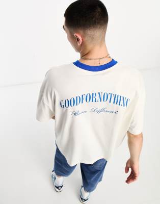 Good For Nothing - T-shirt oversize avec détails côtelés contrastants et imprimé devant et au dos - Blanc cassé