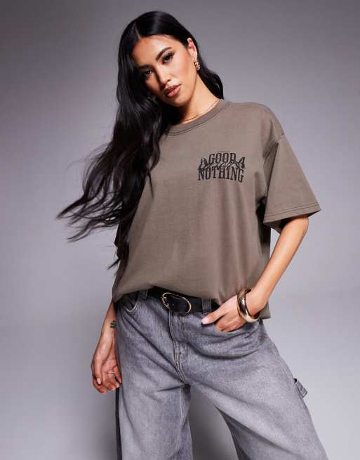 Good for nothing - T-shirt oversize beige con logo sul retro, 4 di 4