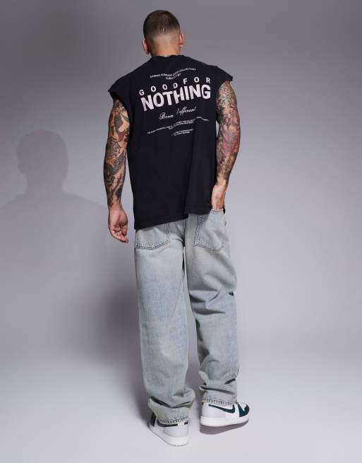 Good For Nothing - T-shirt oversize sans manches avec grand motif au dos - Noir délavé, 3 de 4