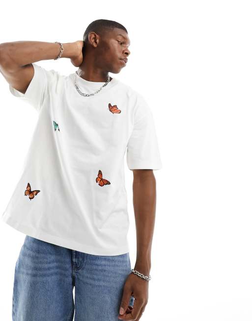 Good For Nothing – T-shirt oversize w kolorze złamanej bieli z nadrukami motyli
