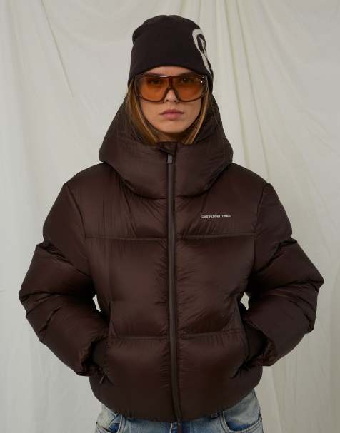 Good For Nothing Translucent short hooded padded puffer jacket in brown - view 1