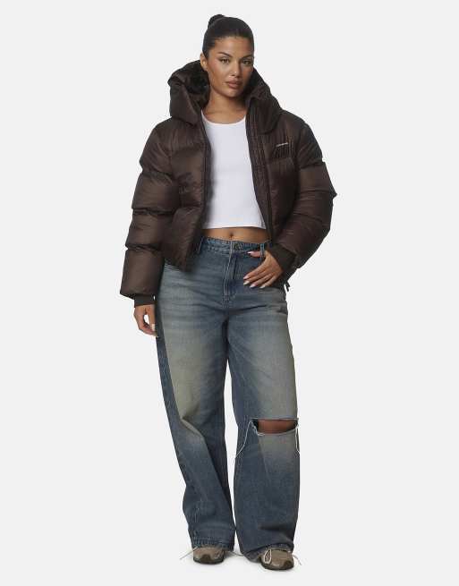 Good For Nothing Translucent short hooded padded puffer jacket in brown, 3 of 4