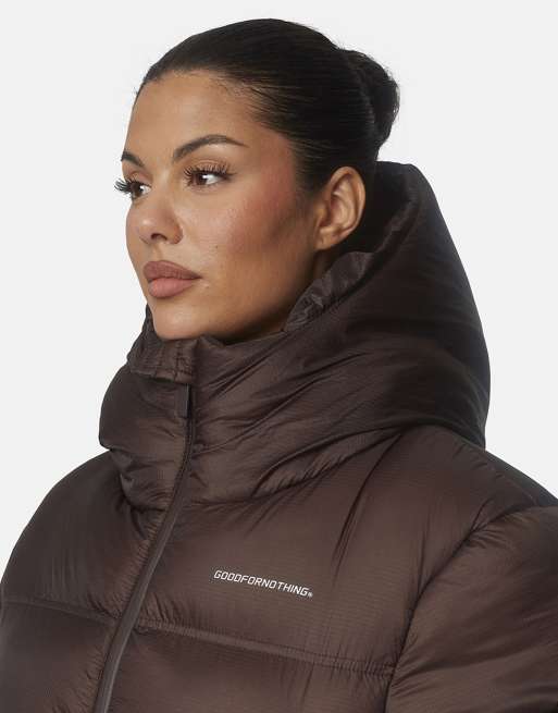 Good For Nothing Translucent short hooded padded puffer jacket in brown, 4 of 4