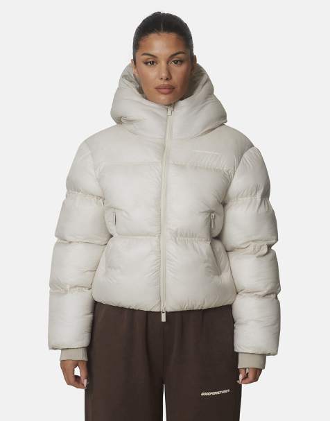 Good For Nothing Translucent short hooded padded puffer jacket in ecru - view 1