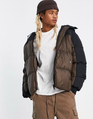 Good For Nothing trek oversized hooded puffer jacket in brown and black colour blocking  - ASOS Price Checker