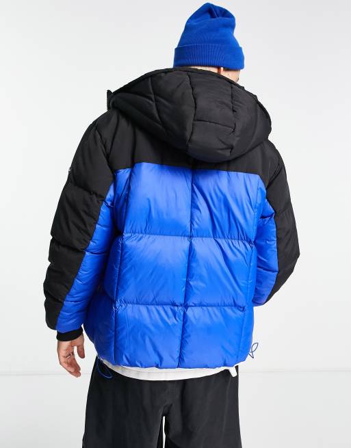 Good For Nothing trek oversized hooded puffer jacket in blue and black color blocking