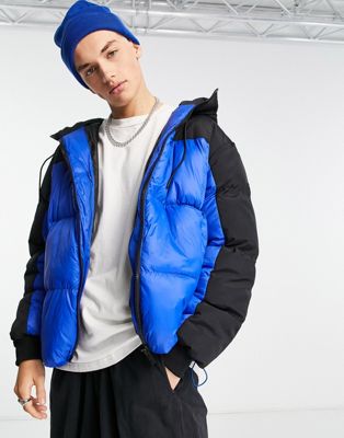 Good For Nothing trek oversized hooded puffer jacket in blue and black colour blocking