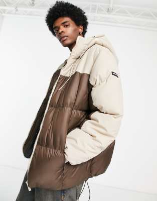 trek oversized hooded puffer jacket in brown and beige color blocking