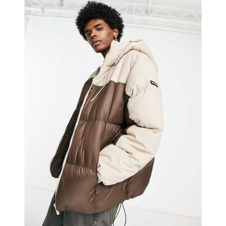 Good For Nothing trek oversized hooded puffer jacket in brown and