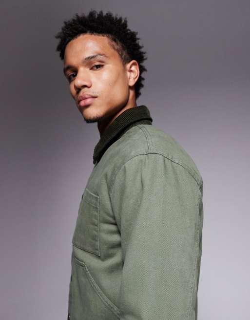 Good For Nothing trucker jacket in sage green with contrast collar, 4 of 5