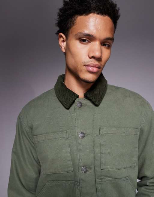Good For Nothing trucker jacket in sage green with contrast collar, 5 of 5