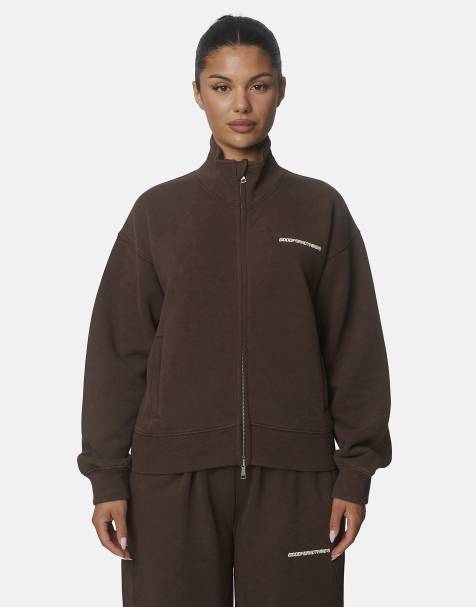 Good For Nothing Washed cotton funnel neck zip sweatshirt in brown - view 1
