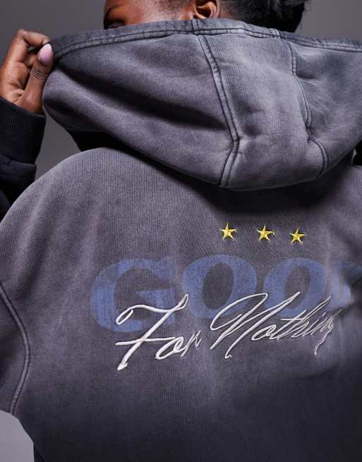 Good For Nothing Washed oversized zip through hoodie in black, 2 of 4