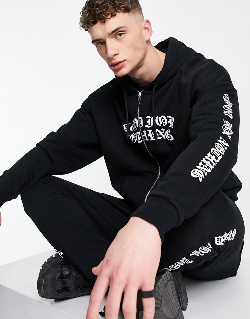 Good For Nothing zip thru hoodie in black with chest and arm logo print