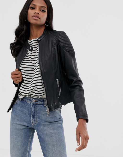 Leather collarless shop biker jacket