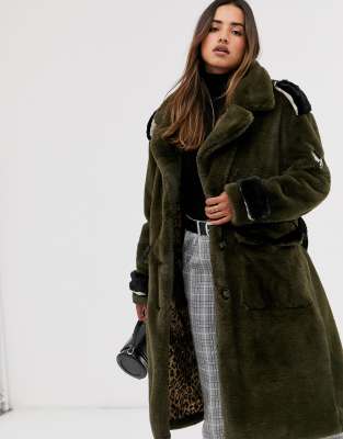 Army green clearance faux fur coat