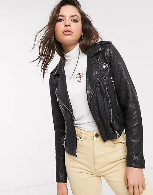 Goosecraft leather zip detail biker jacket in black | ASOS
