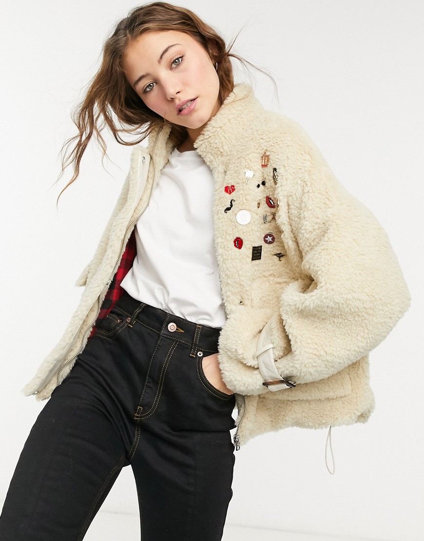 Goosecraft teddy biker jacket with embroidered patches in cream-Multi