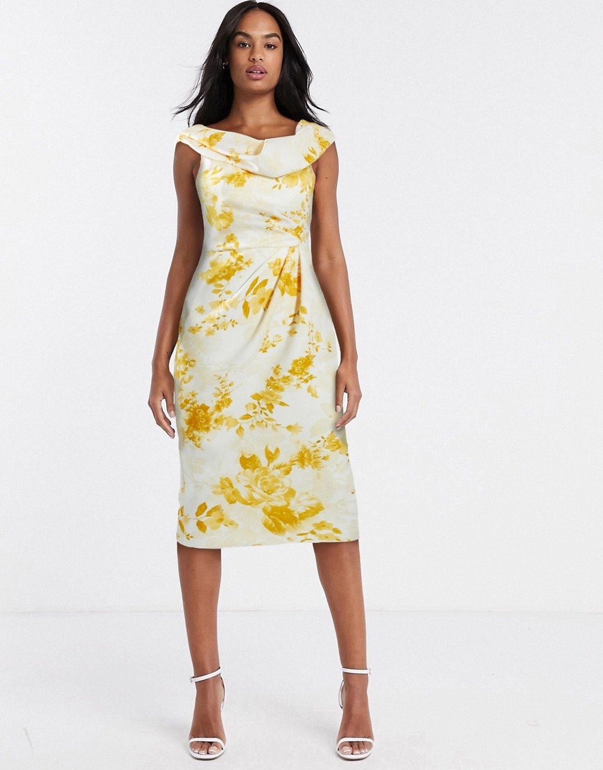 Горчичное платье-футляр миди с цветочным принтом ASOS DESIGN-Многоцветный
