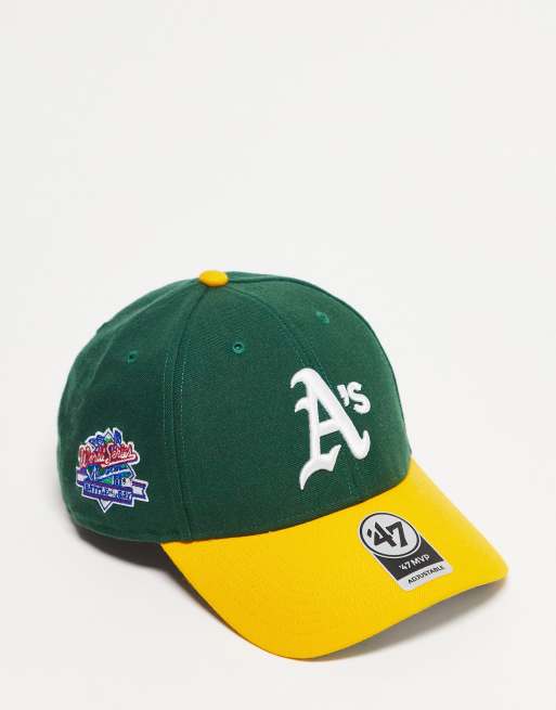 Gorra de béisbol verde con visera en contraste, parches laterales y diseño de los Oakland Athletics MVP de la MLB de 47 Brand