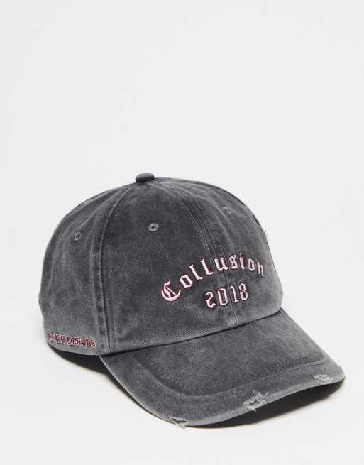 Gorra gris lavado con texto de estilo universitario y acabado desgastado de COLLUSION Unisex