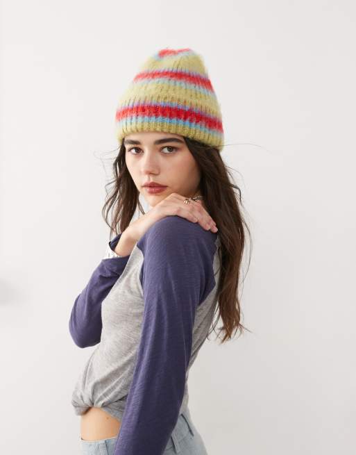 Gorro a rayas verde claro multicolores de punto cepillado de COLLUSION