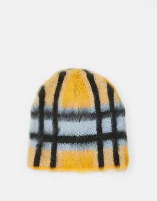 Gorro amarillo a cuadros unisex de punto mullido de Reclaimed Vintage 