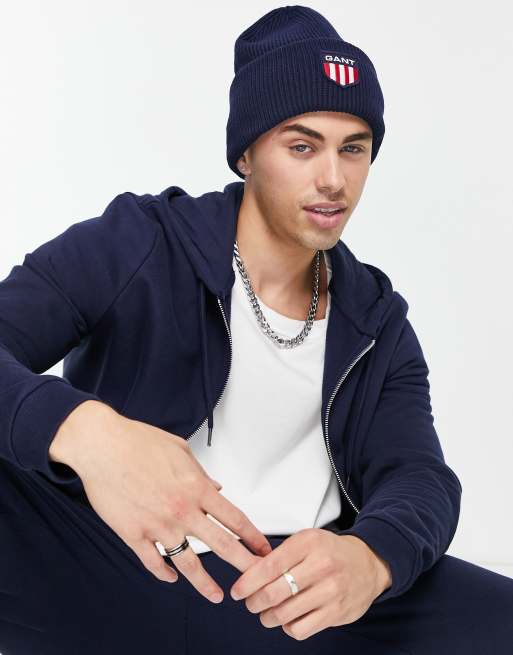 Gorro azul marino con logo de escudo retro de punto de Gant
