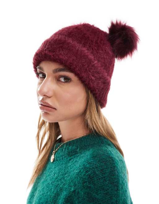 Gorro burdeos con dos pompones de piel sintética de ASOS DESIGN, 2 de 4