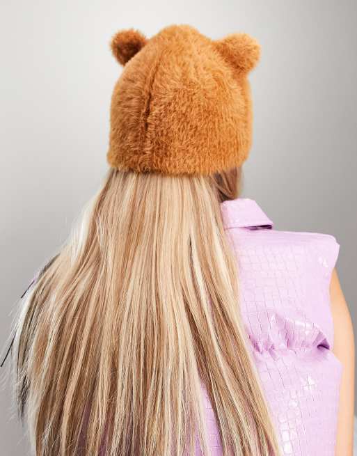 Gorro color caramelo con diseño de orejas de oso de punto mullido de ASYOU, 2 de 4