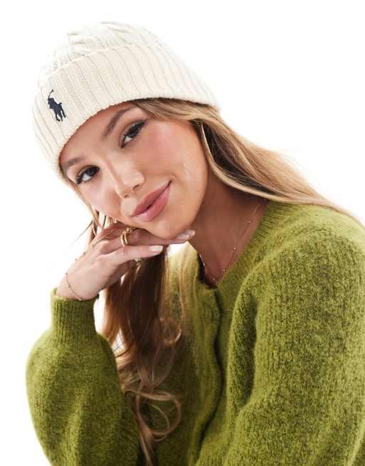 Gorro color crema con logo de caballo de punto de ochos de Polo Ralph Lauren