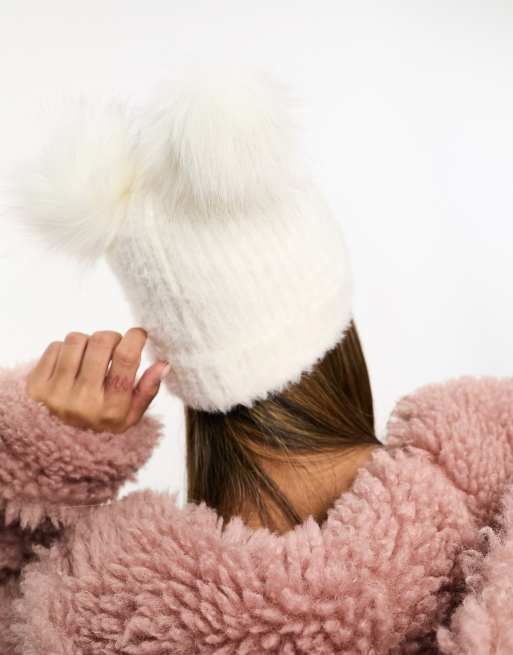 Gorro color crema con pompón doble de ASOS DESIGN 