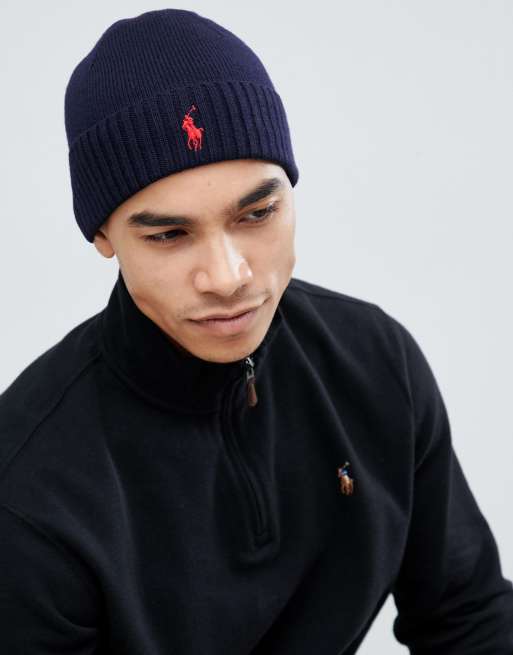 Gorro de canalé de lana de merino con logo de jugador en azul marino de Polo Ralph Lauren
