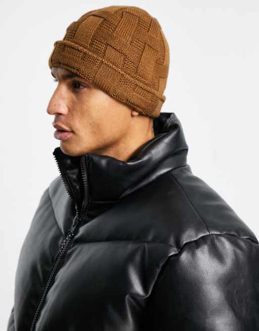 Gorro de pescador pequeño marrón con patrón cruzado crosshatch de ASOS DESIGN