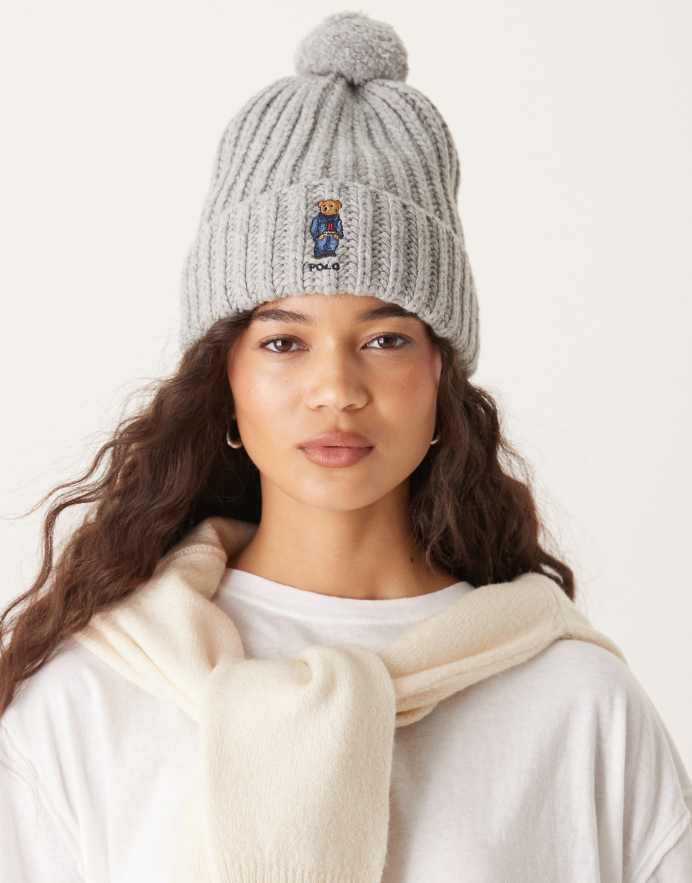 Polo Ralph Lauren Gorro gris con logo de Polo Bear de tejido rico en lana