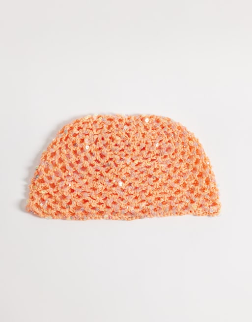 Gorro naranja para festivales de croché con lentejuelas de South Beach , 2 de 3