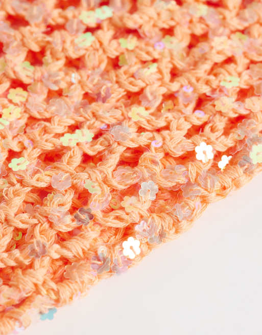 Gorro naranja para festivales de croché con lentejuelas de South Beach , 3 de 3