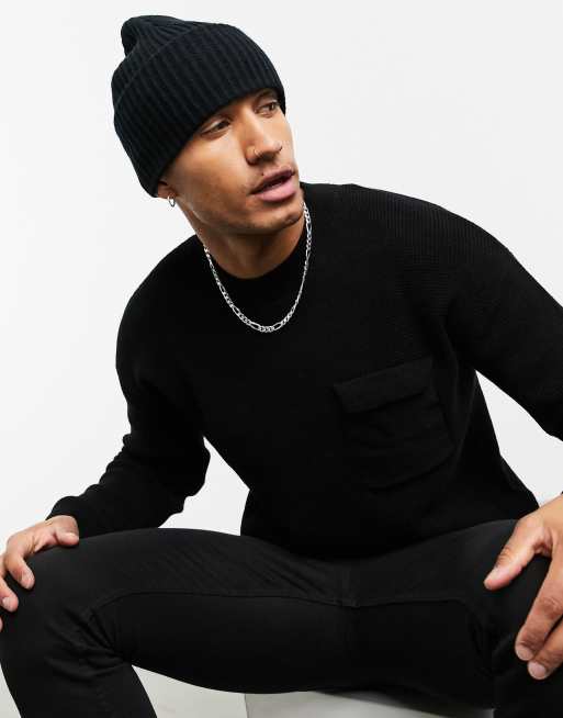 Gorro negro con vuelta ancha de canalé de ASOS DESIGN 