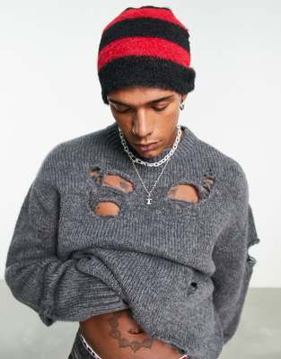 Gorro negro y rojo a rayas de punto mullido Skull de ASOS DESIGN