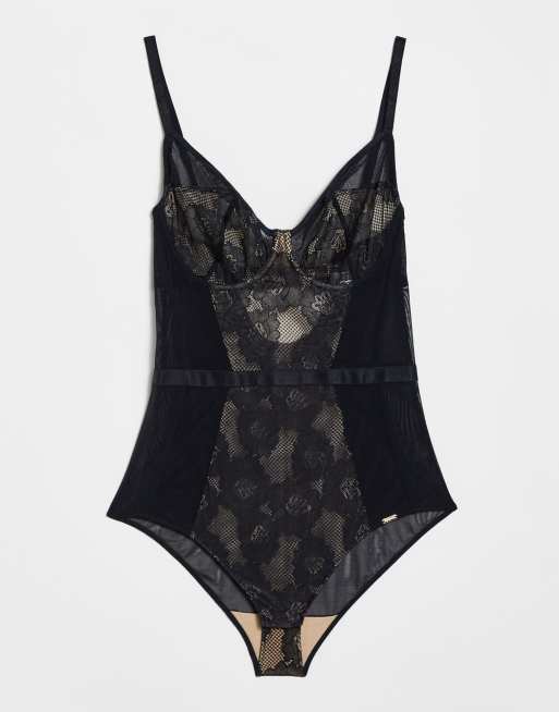 Black Lace Cup Hook And Eye Bodysuit, Tops