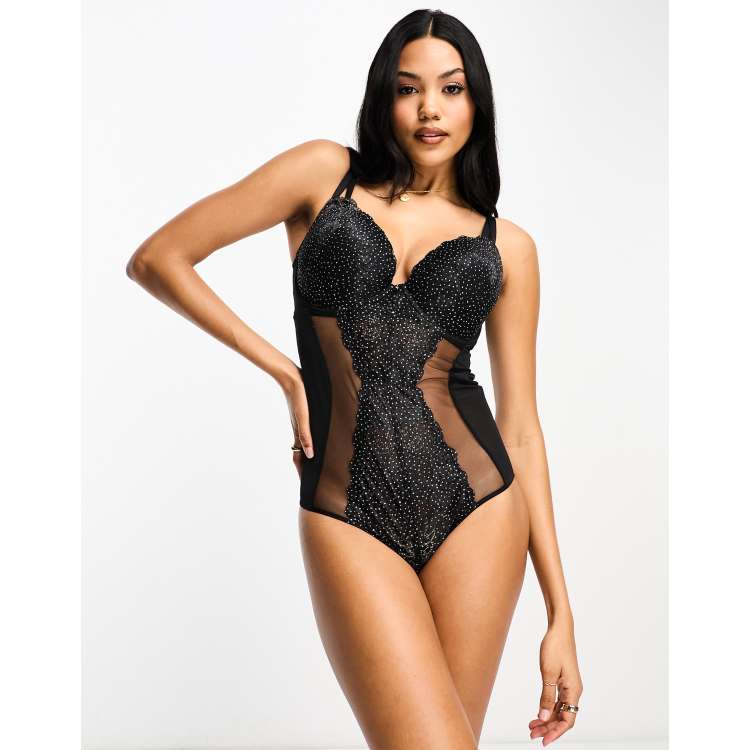 BLACK Mesh lace insert bodysuit, Womens Lingerie