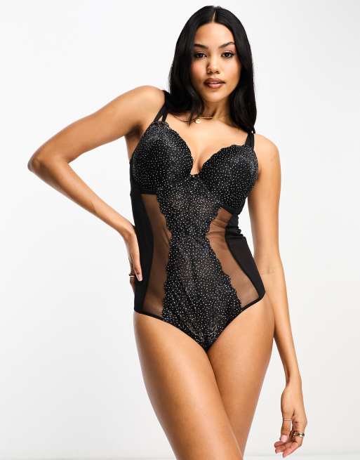 Gossard Glitter underwired plunge lace bodysuit with mesh insert in black