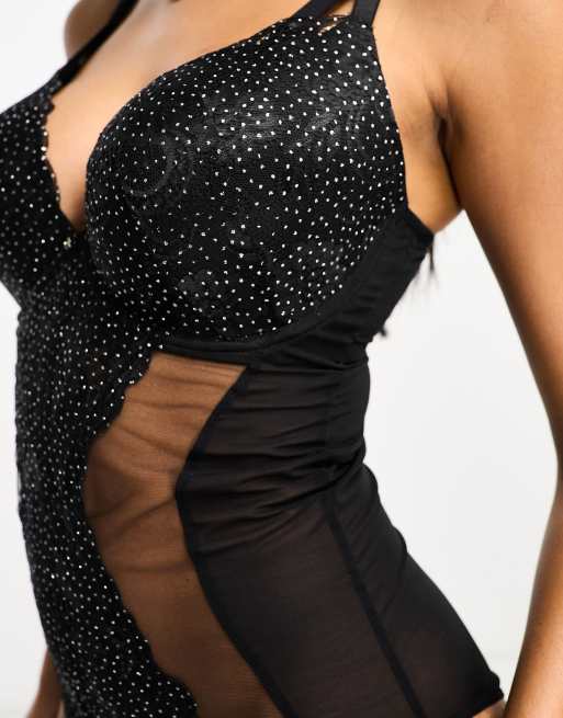 Gossard - Sort bodystocking med glimmer og bøjle samt dyb udskæring i blonde- og meshstof, 3 af 4