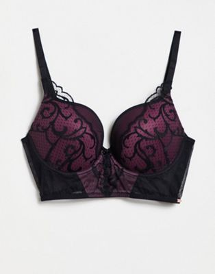 Gossard VIP Indulgence padded underwired longline bra with lace trim in black and burgundy