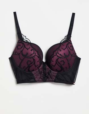 Vip Indulgence Padded Underwired Longline Bra With Lace Trim In Black And  Burgundy In Red