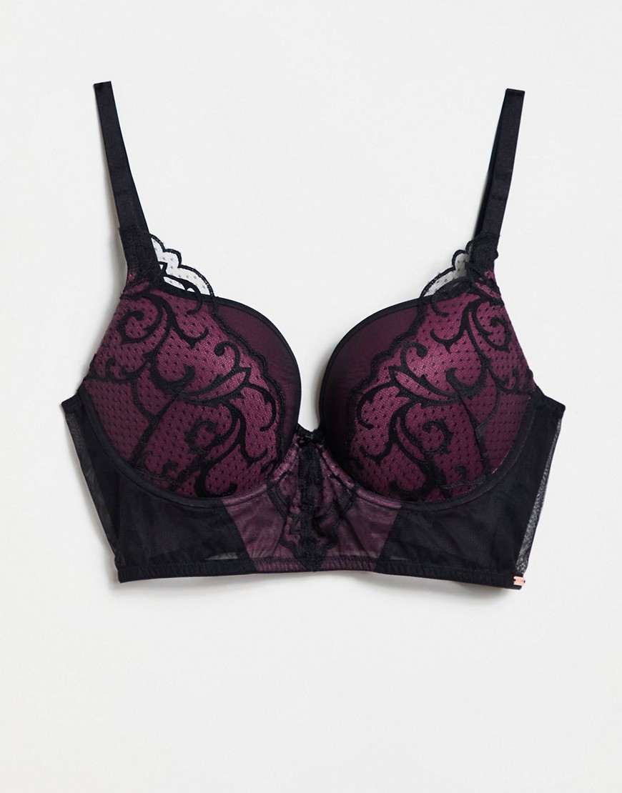 Gossard Vip Indulgence Padded Underwired Longline Bra With Lace Trim In Black And Burgundy In Red