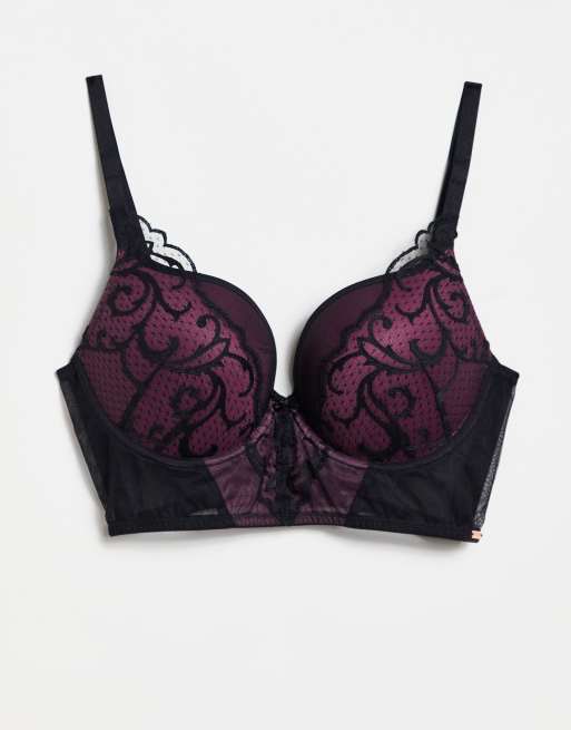 Gossard VIP Indulgence padded underwired longline bra with lace trim in  black and burgundy