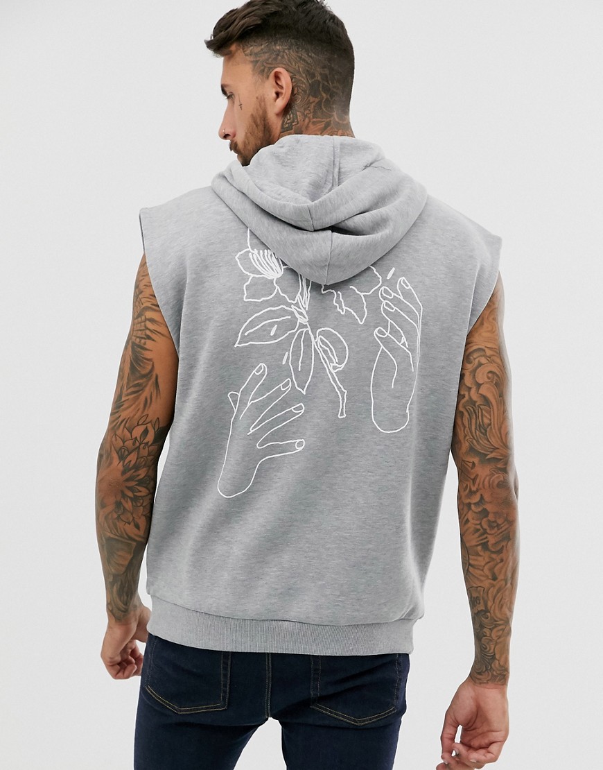 Grå meleret ærmeløs hættetrøje med blomsterprint fra ASOS DESIGN